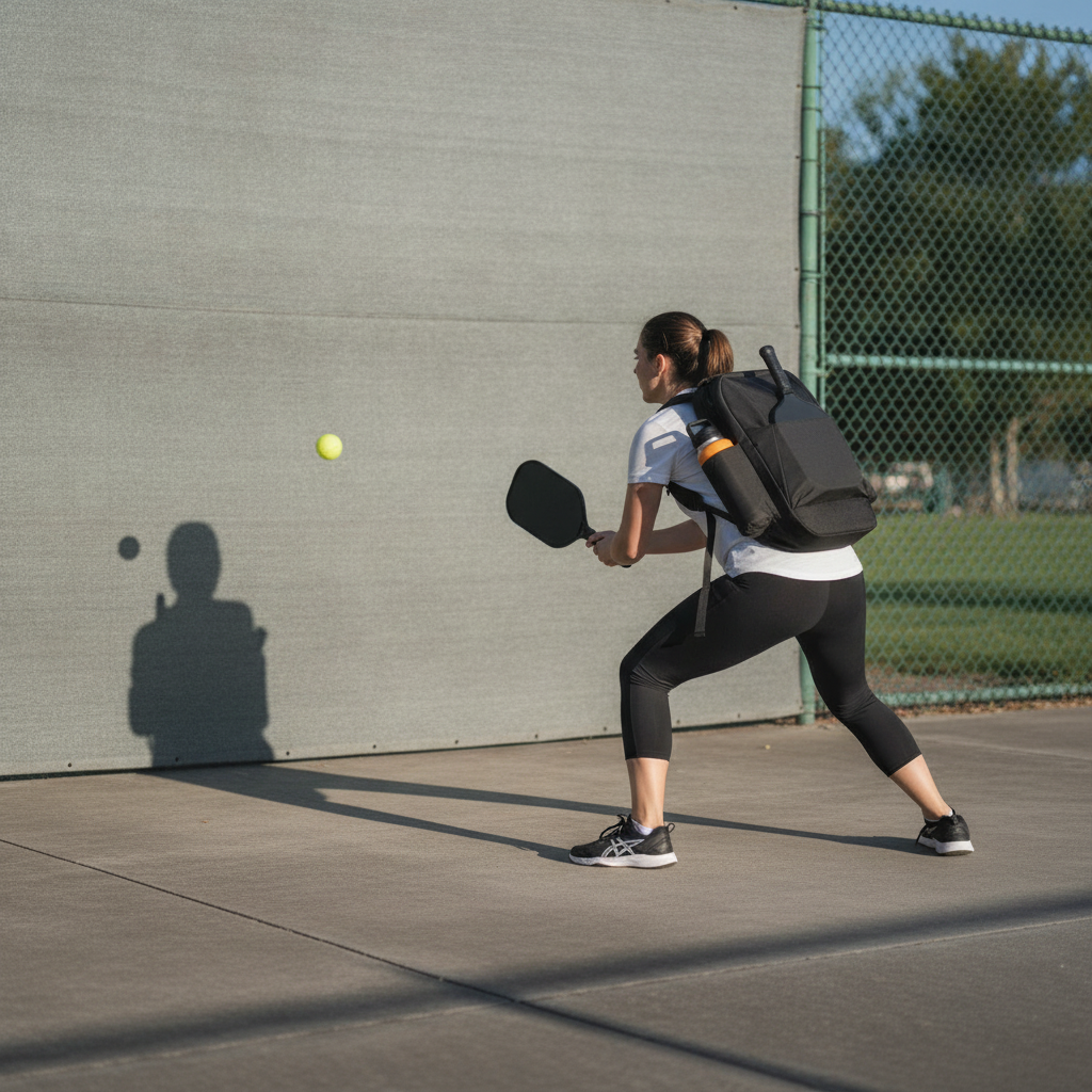 Pickleball player drilling solo against a practice wall on an outdoor court