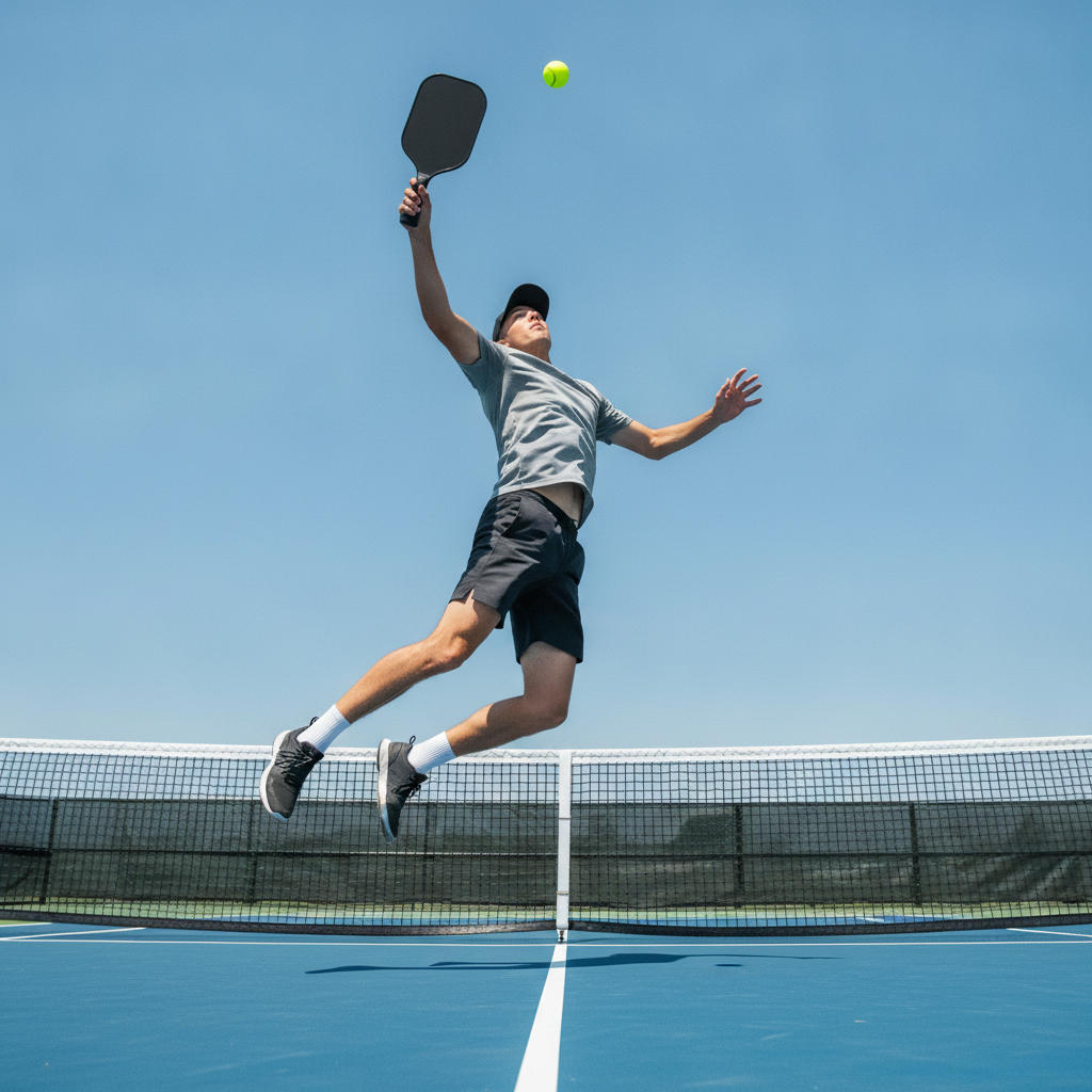 Pickleball player at full arm extension hitting overhead smash on outdoor court — dynamic action shot showing proper contact height