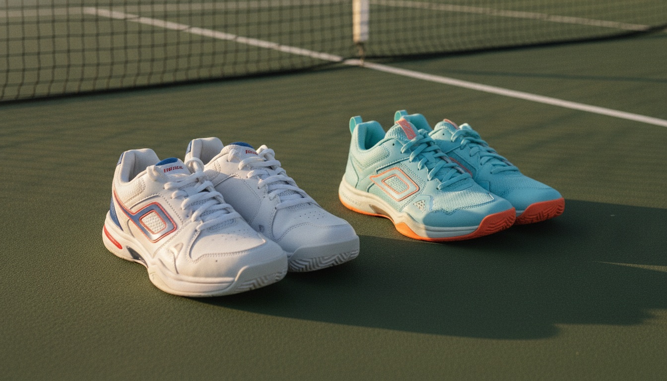 Pickleball court shoes vs tennis shoes side by side comparison on an outdoor pickleball court