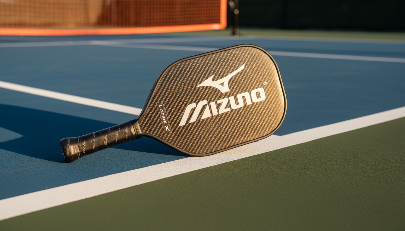 Mizuno AcroStrike LX pickleball paddle on outdoor court showing carbon fiber face