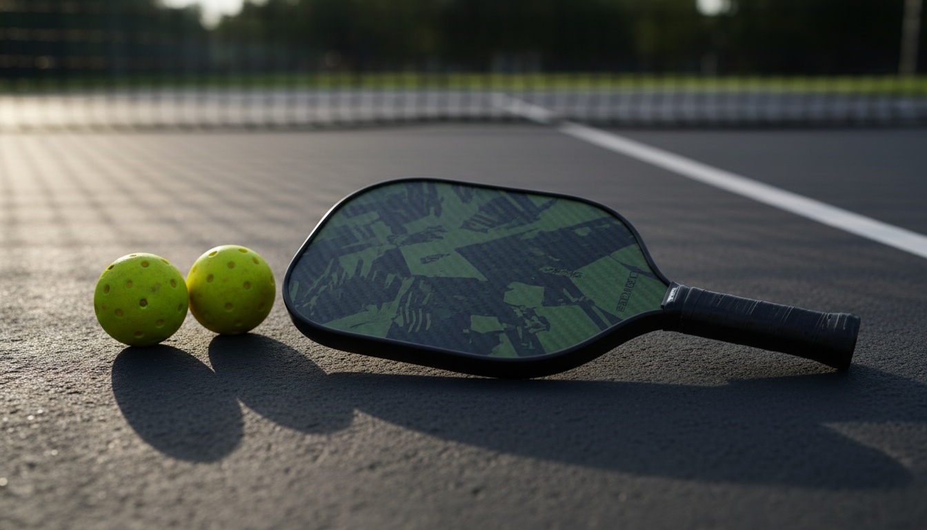 Selkirk OMNI Widebody pickleball paddle on court with carbon fiber face detail