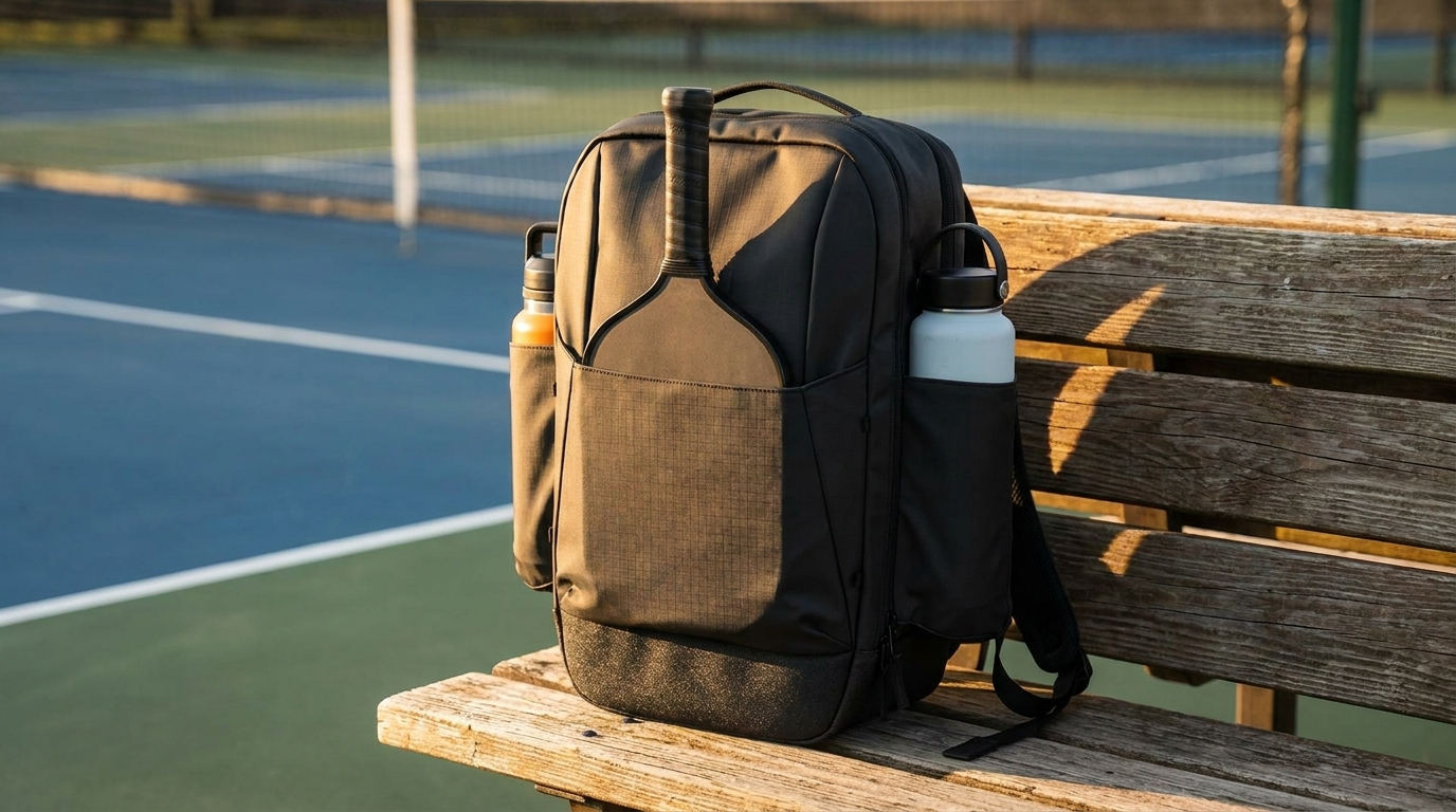 FORWRD Court Caddy pickleball bag on courtside bench — premium bag comparison editorial