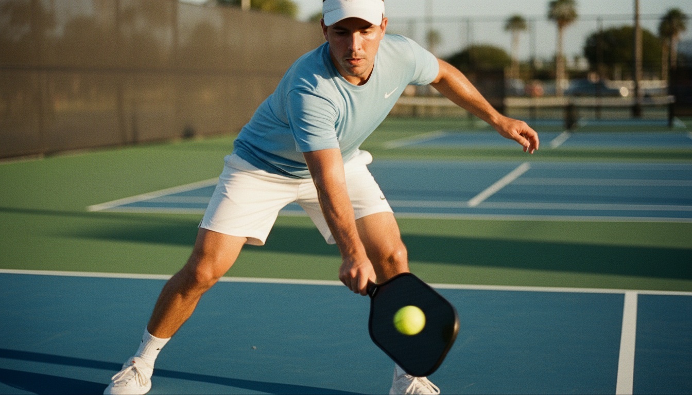 Pickleball player at the non-volley zone executing a precise volley with an elongated carbon fiber paddle, golden afternoon light