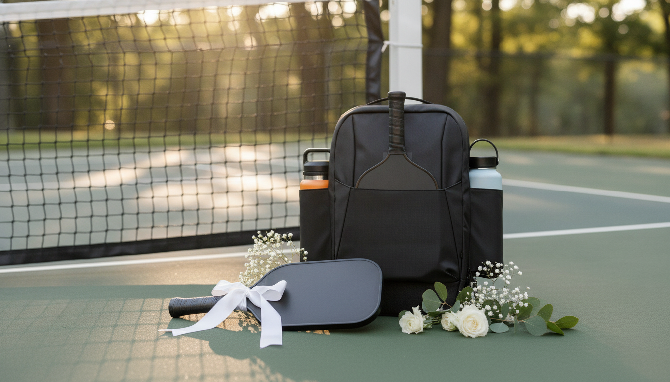 Pickleball paddles and premium bag styled for a wedding celebration on an outdoor court