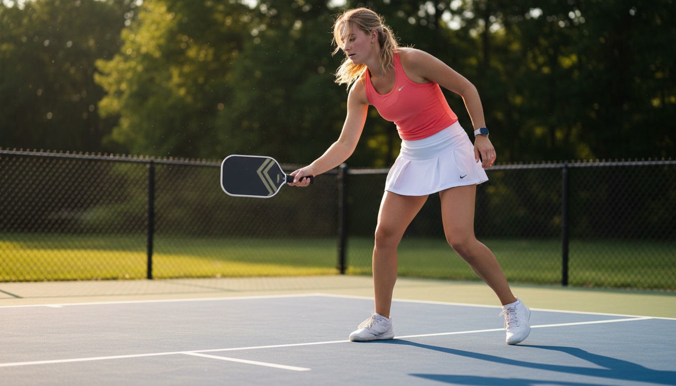Female pickleball player mid-forehand on outdoor court with elongated paddle in golden hour light