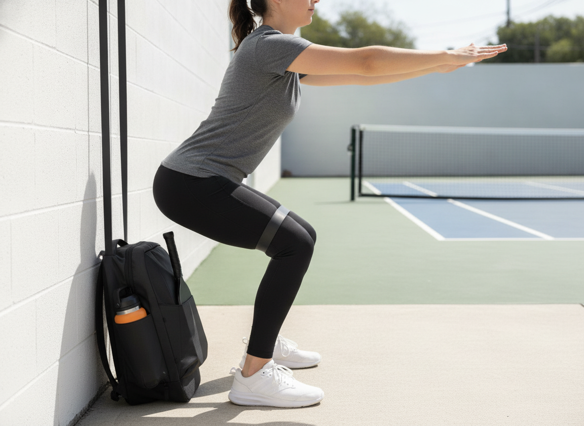 Person performing a slow eccentric squat exercise near an outdoor pickleball court for knee pain prevention