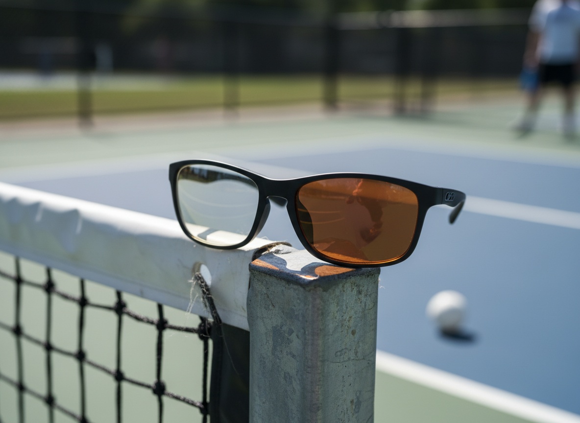 Photochromic pickleball glasses on court showing one lens in shade and one in direct sunlight demonstrating lens tint transition