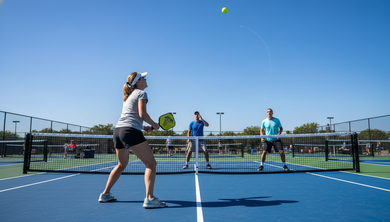 Pickleball player at the NVZ executing an upward topspin lob over two opponents caught at the kitchen line