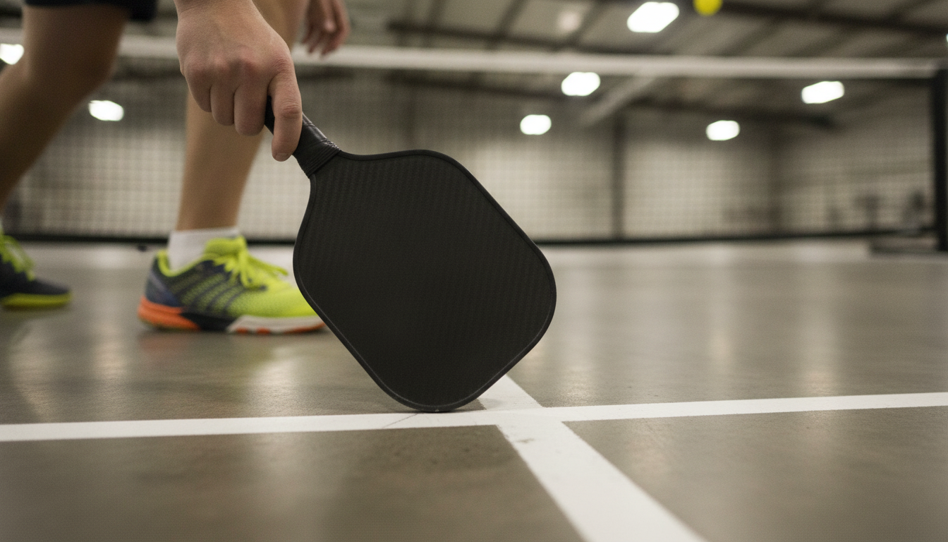 Close-up of pickleball court kitchen line with player shoe just outside the non-volley zone