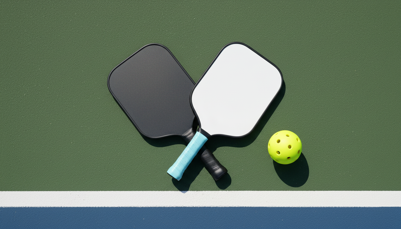 Two pickleball paddles crossed on outdoor court surface with pickleball beside them
