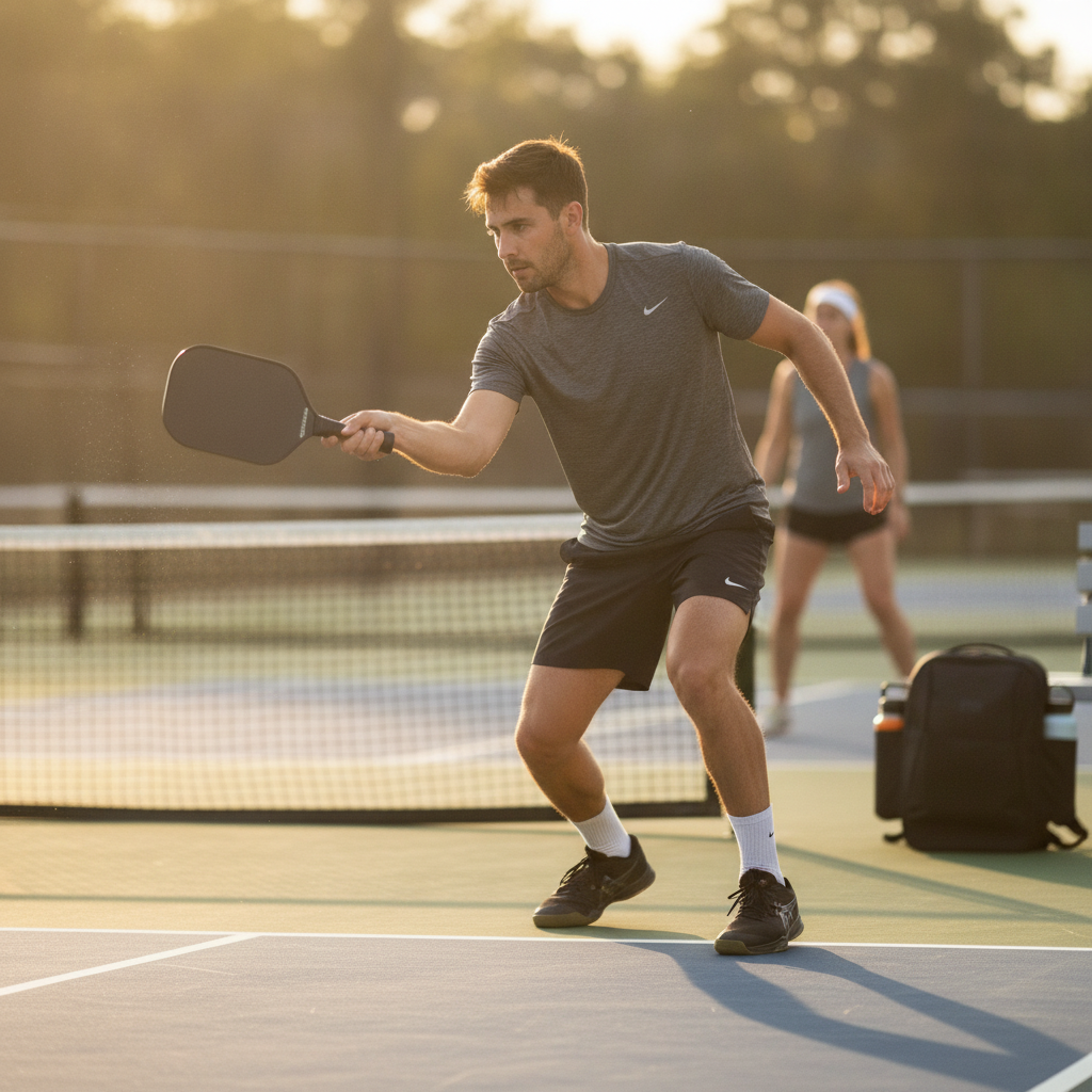 Pickleball player executing forehand drive at the kitchen line during doubles match, outdoor court