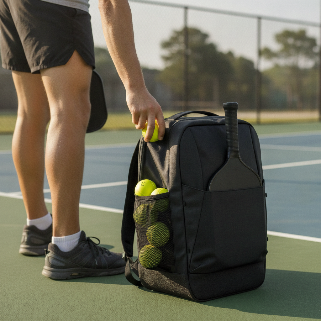 Pickleball player grabbing a ball from a premium pickleball bag side pocket at an outdoor court