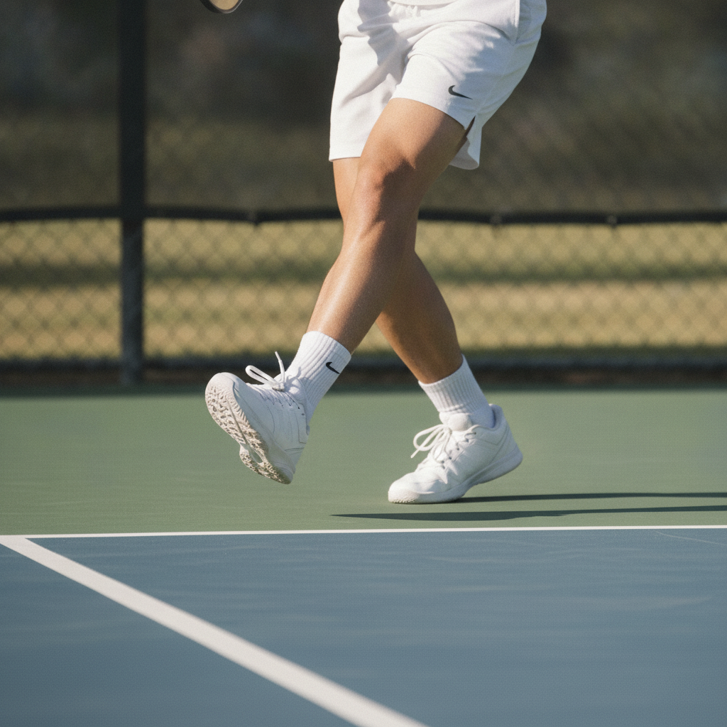 Player's feet in court shoes making a lateral movement on an outdoor pickleball court