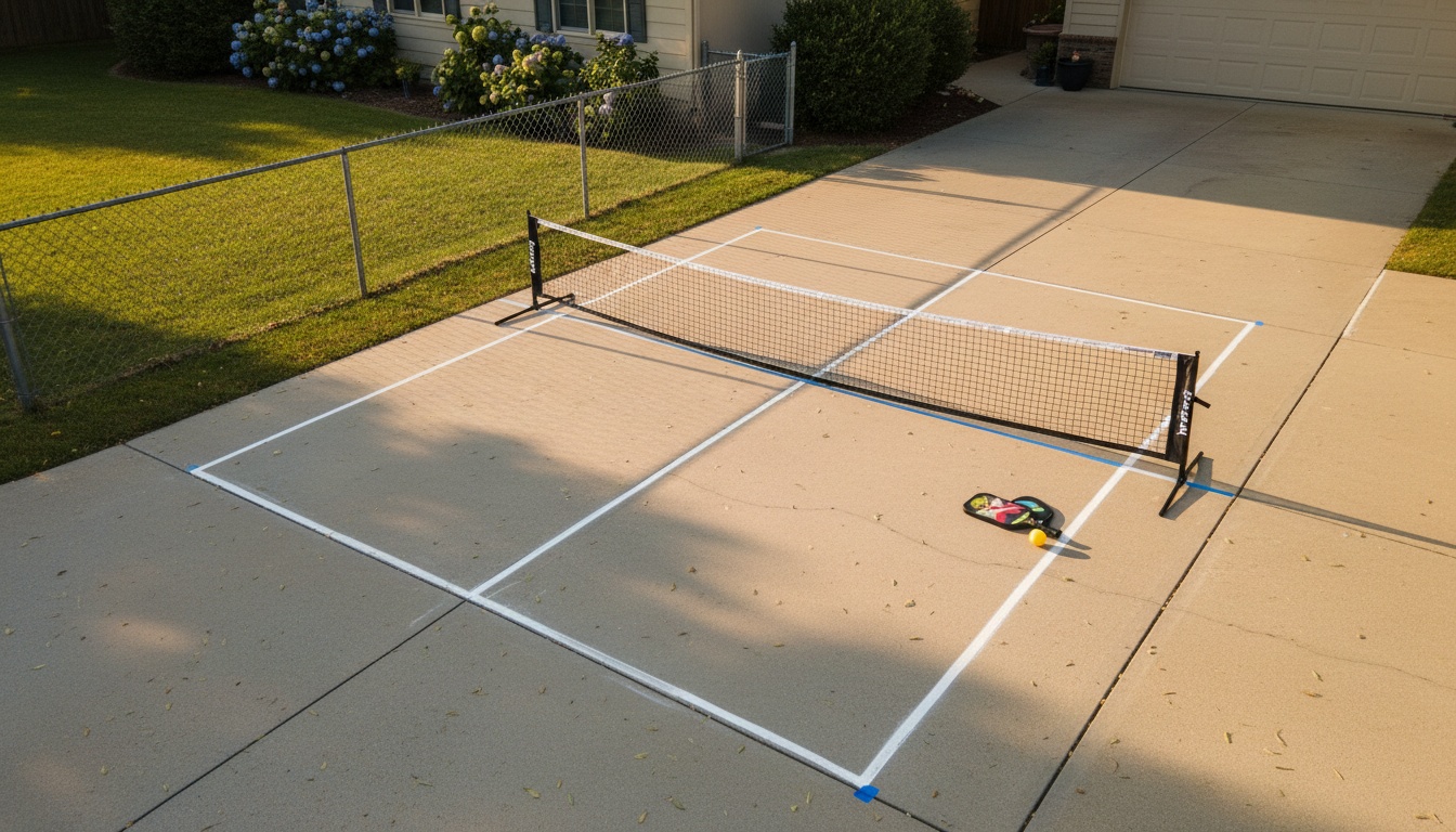 Portable pickleball net set up on residential driveway court ready for play
