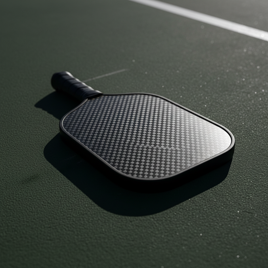 Gearbox GX2 Power Elongated pickleball paddle face showing 3K woven carbon fiber texture against an outdoor court background