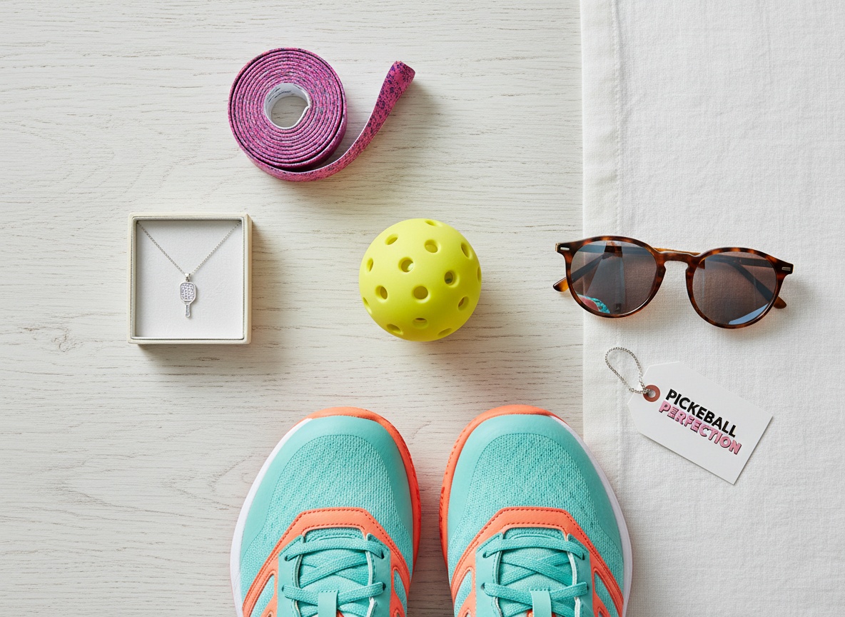 Women's pickleball gift guide flat-lay — court shoes, necklace, overgrips, sunglasses, and a pickleball on a light wooden surface