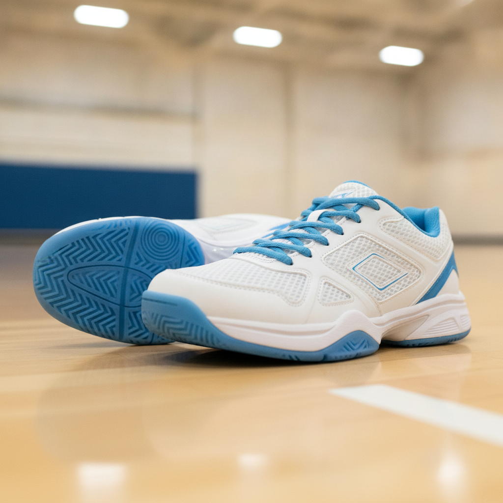 ASICS Gel-Renma pickleball shoes on indoor court surface showing outsole pattern