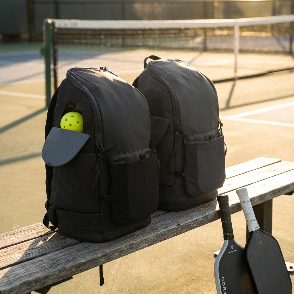 FORWRD Court Caddy vs Paddletek Tour Backpack side by side at outdoor pickleball court
