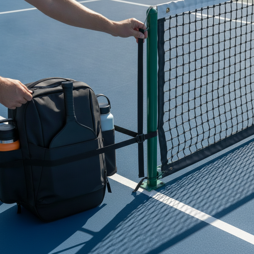 Tennis net center strap adjuster for pickleball court conversion