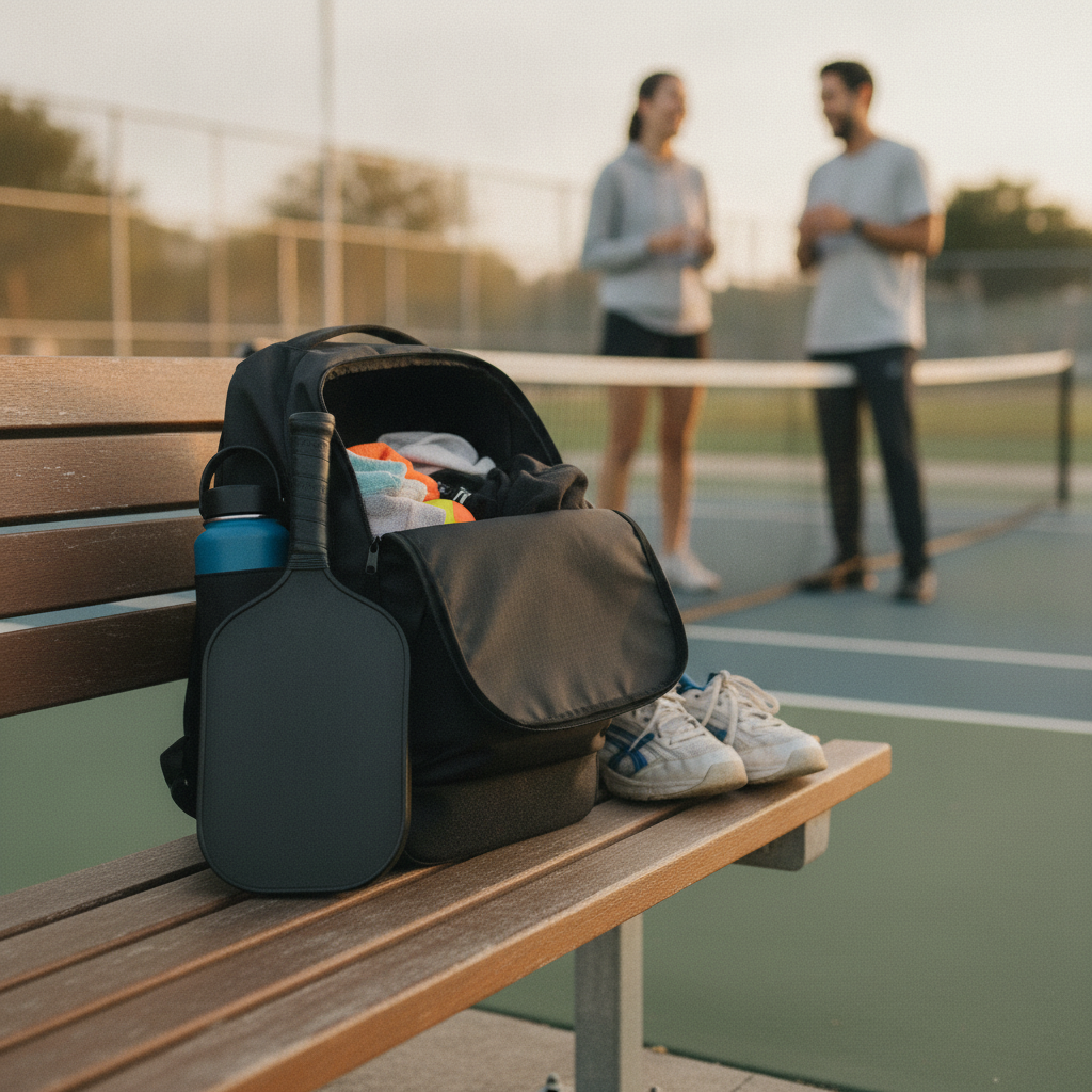 Open pickleball backpack on outdoor court bench showing paddles, insulated water bottle pocket, and athletic shoes beside it in casual recreational setting