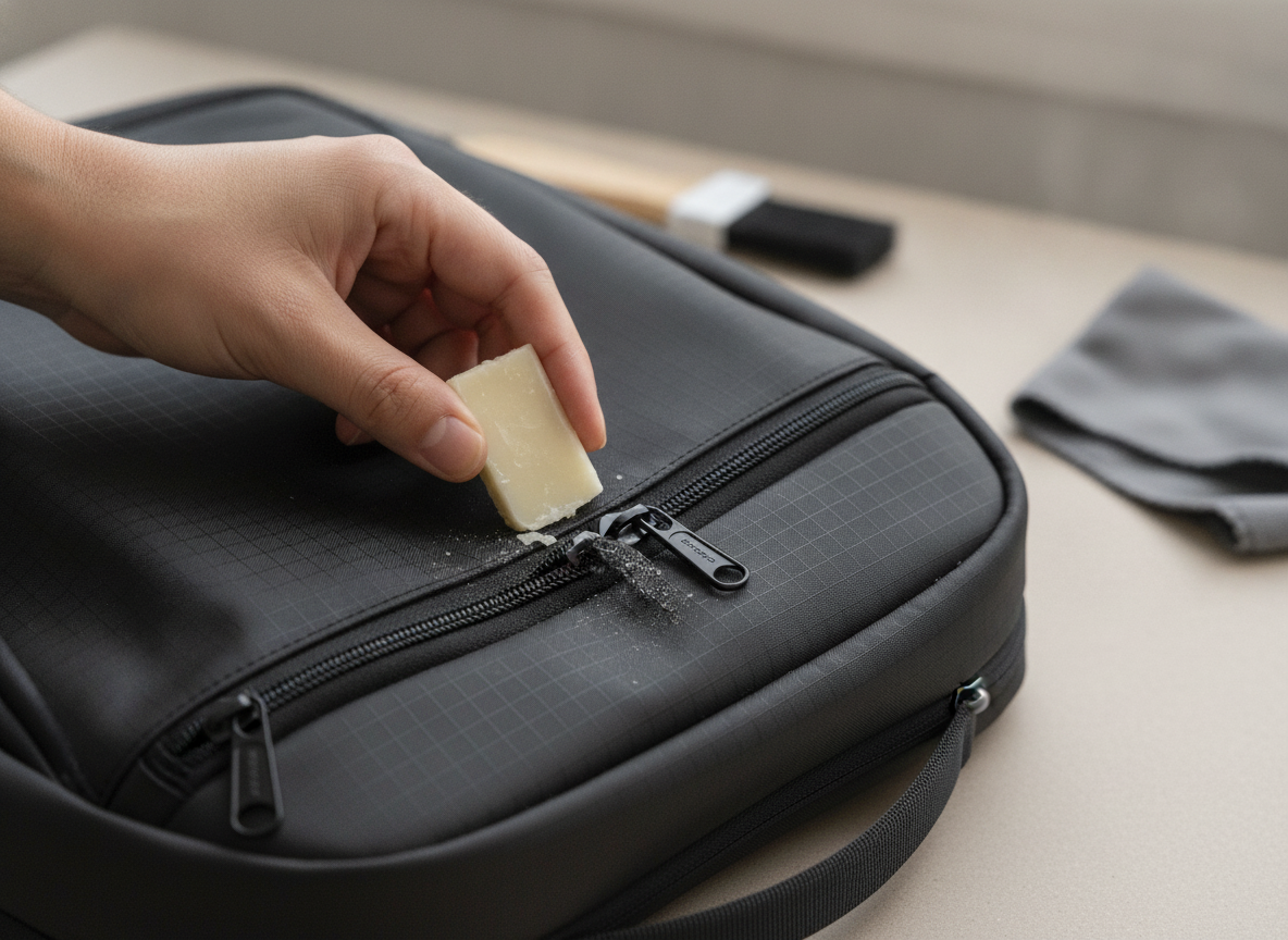 Applying wax lubricant to a YKK coil zipper on a pickleball bag for maintenance