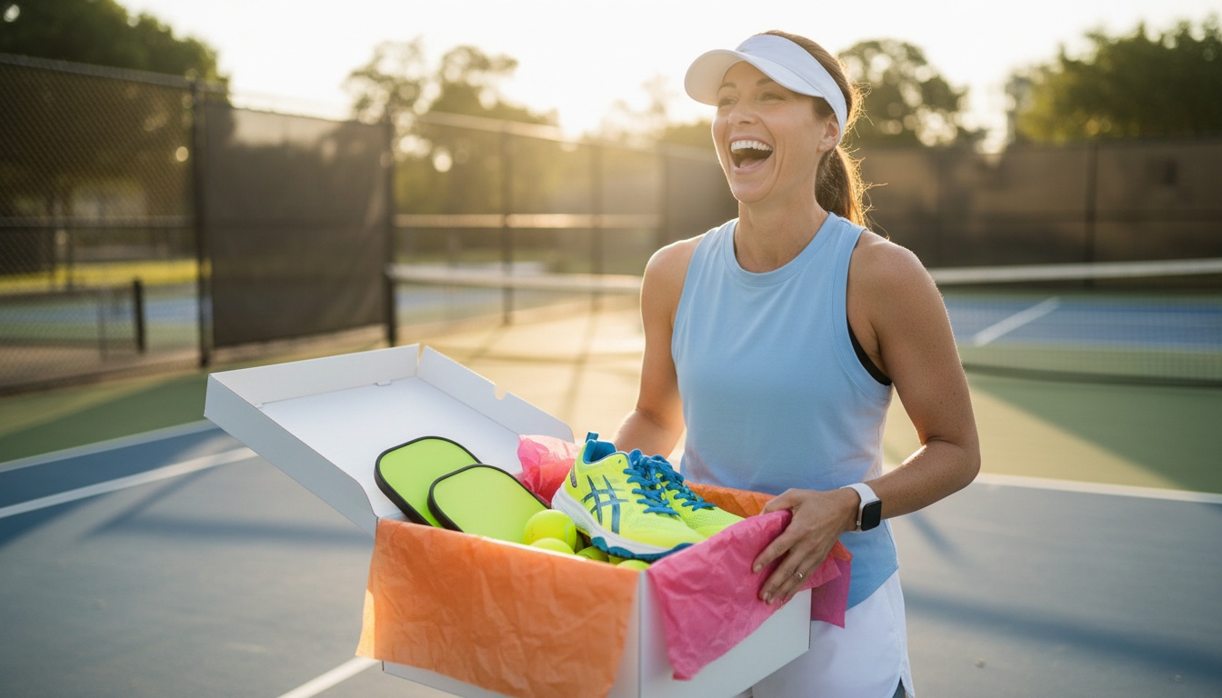Woman joyfully opening pickleball gear gift on a sunny court, court shoes in hand