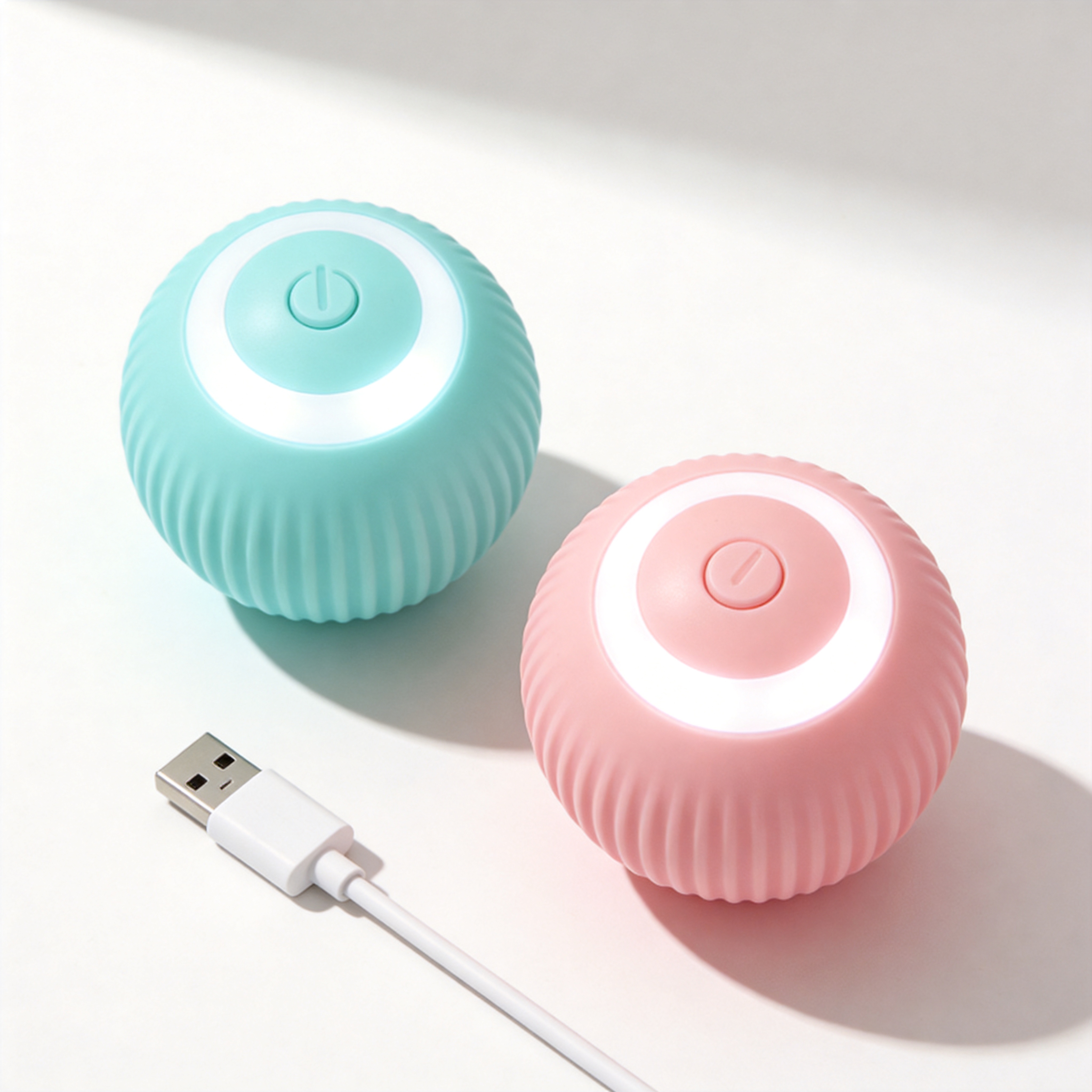 Two Pounce balls, teal and pink, with a USB-C cable