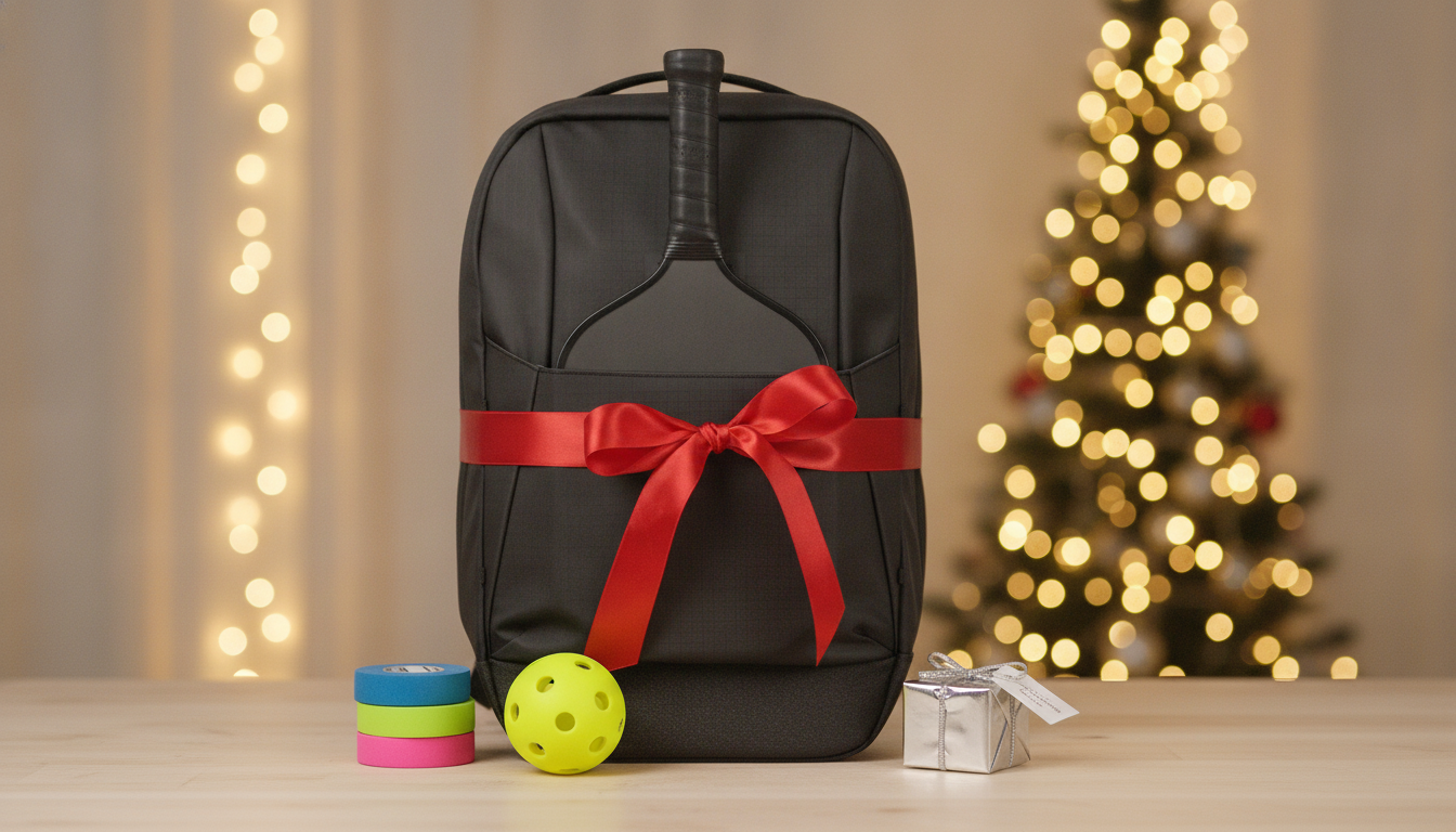 Last-minute pickleball gift ideas beautifully arranged with a black pickleball bag, yellow ball, and wrapped accessories