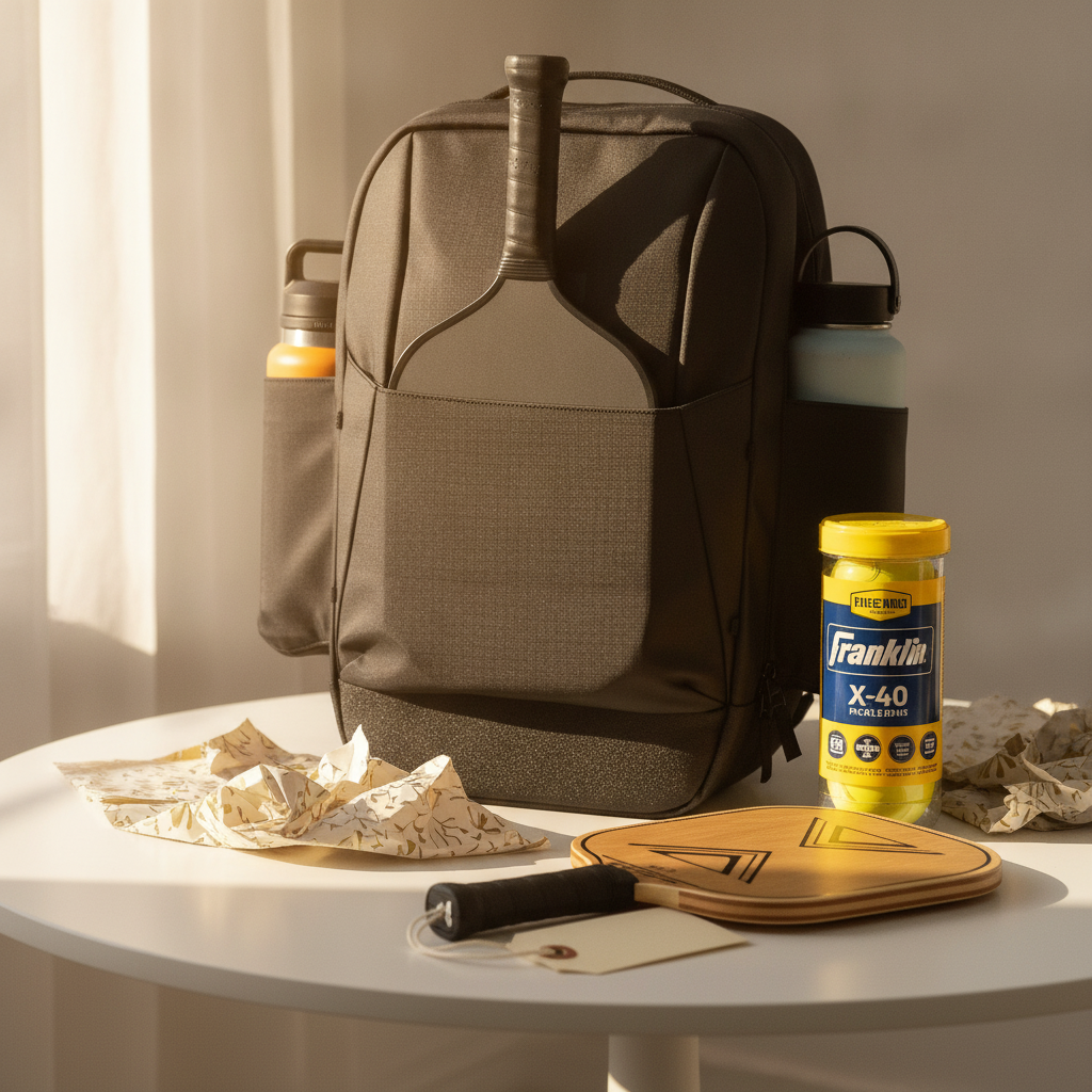 Best pickleball gifts — FORWRD Court Caddy backpack with pickleball accessories arranged as a gift