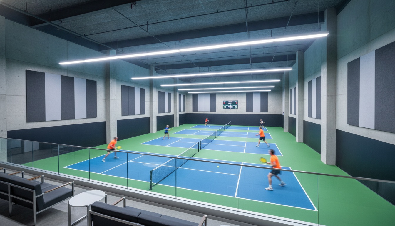 Modern indoor Pickleball Kingdom facility with multiple courts and overhead LED lighting