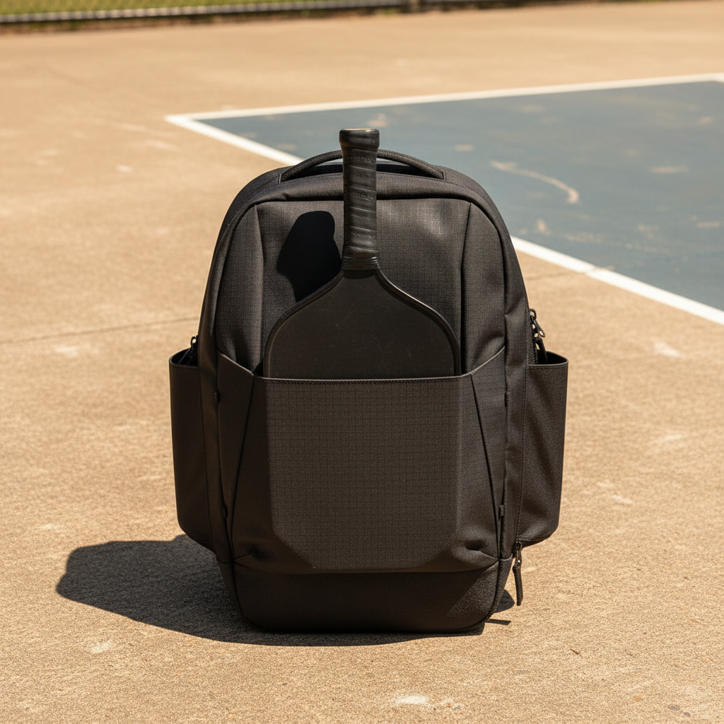 Black pickleball backpack on outdoor court asphalt with paddles visible in sleeve pocket, strong summer lighting
