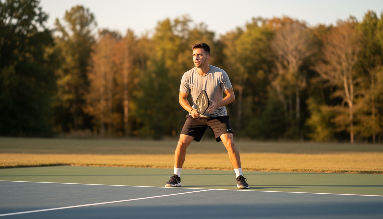 Beginner pickleball player in ready position near the kitchen line at golden hour, wide-body paddle in hand