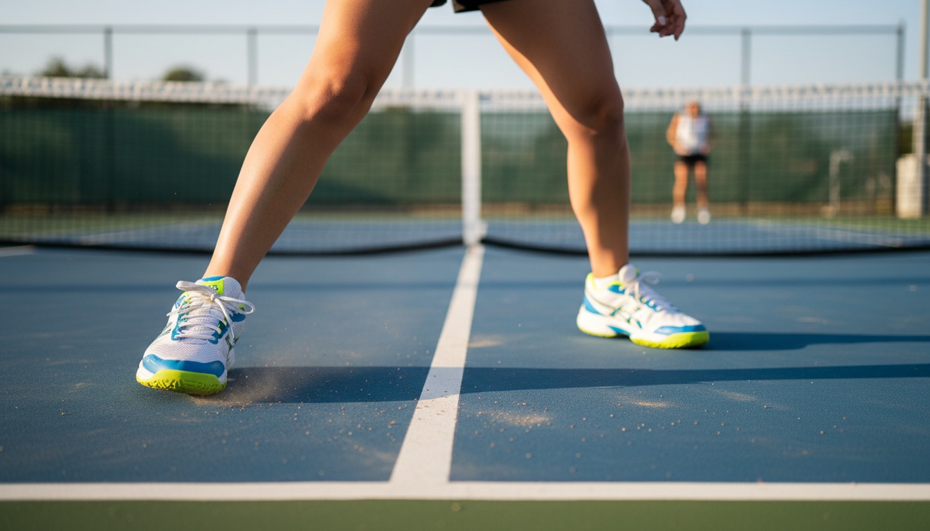 Women's pickleball player in dynamic lateral movement showing footwork on outdoor court