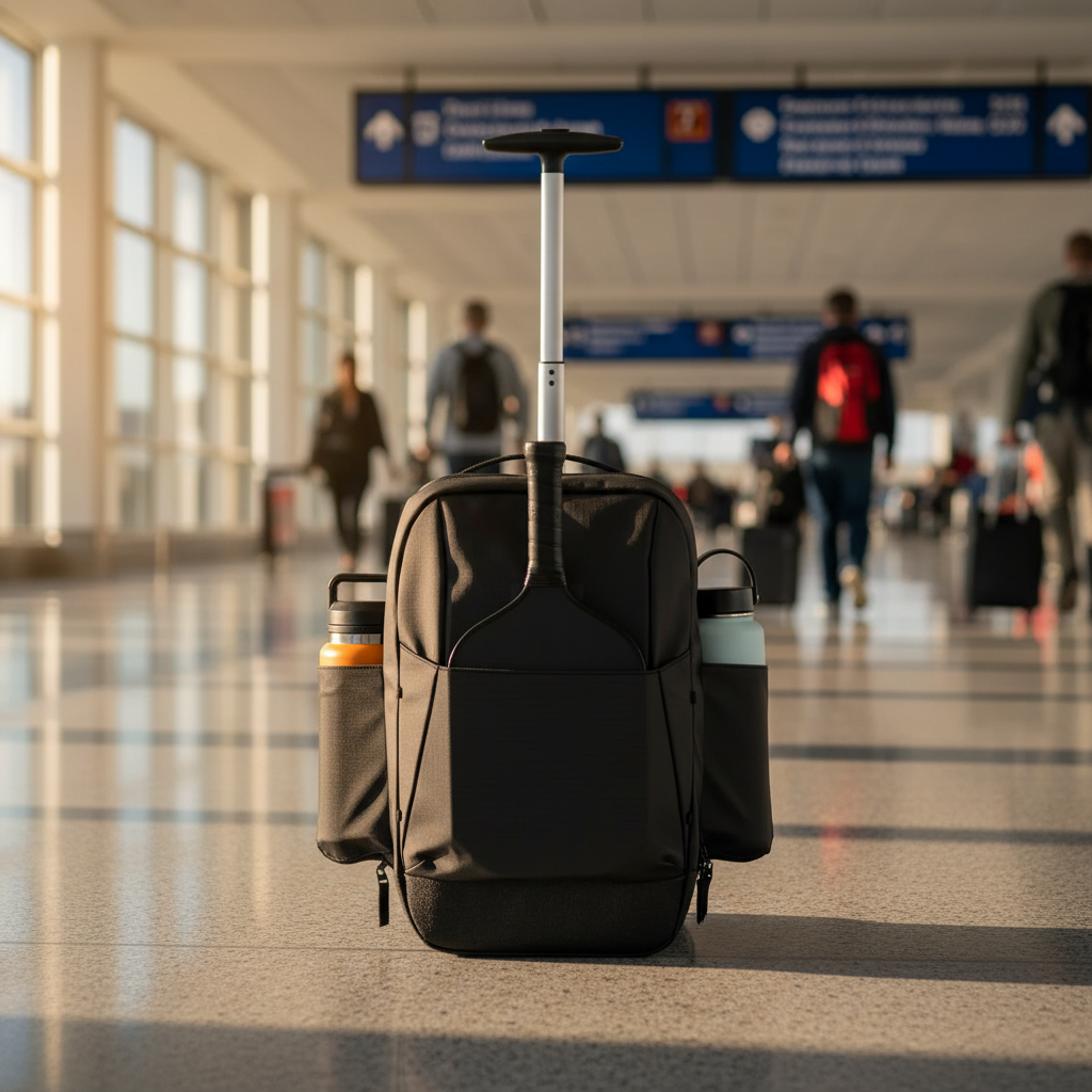 Rolling pickleball bag with telescoping handle standing at an airport terminal before a tournament trip