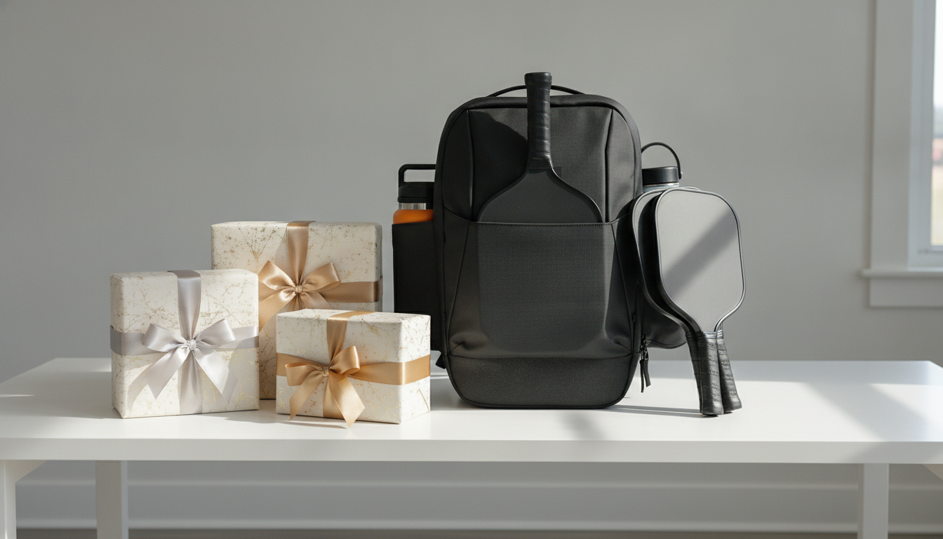 Premium pickleball backpack and paddles styled as an elegant wedding gift display