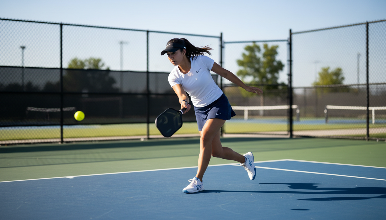 Pickleball player executing a forehand speed up shot from the transition zone on an outdoor hard court