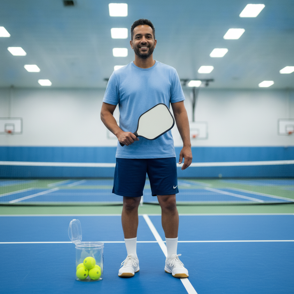 Adult player learning pickleball on an indoor court — beginner-friendly composite paddle in use