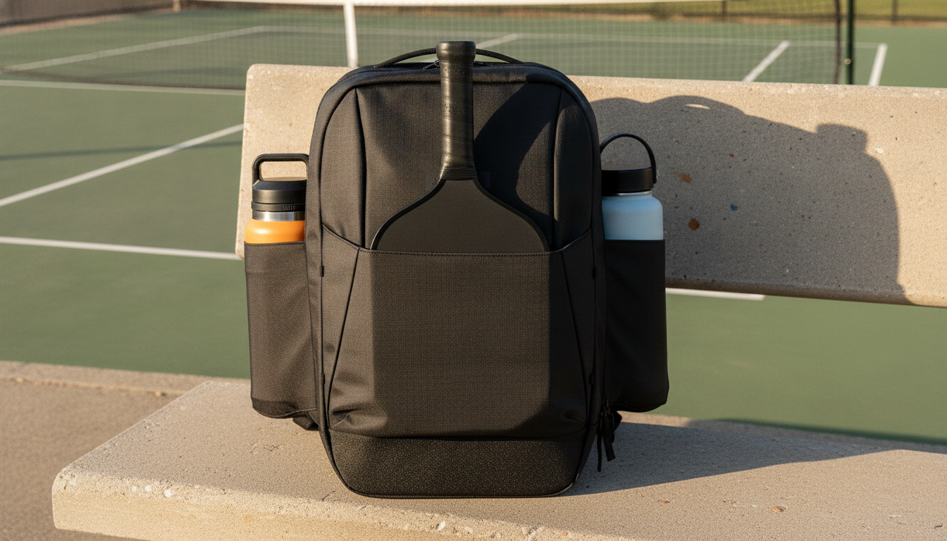 FORWRD Court Caddy pickleball backpack on outdoor court bench in direct sunlight — showing YKK AquaGuard zipper construction and 840D nylon durability