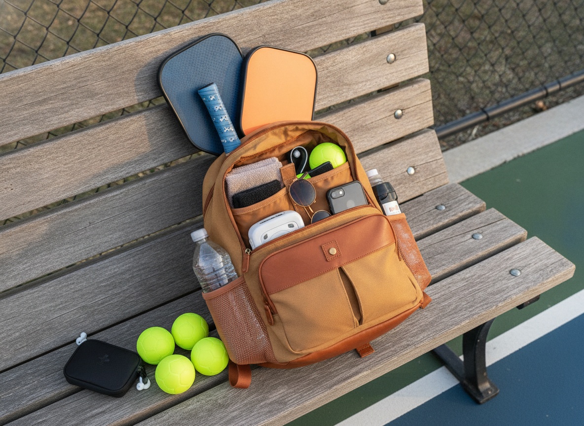 Open pickleball backpack on a court bench showing organized paddle compartment with two paddles and accessories