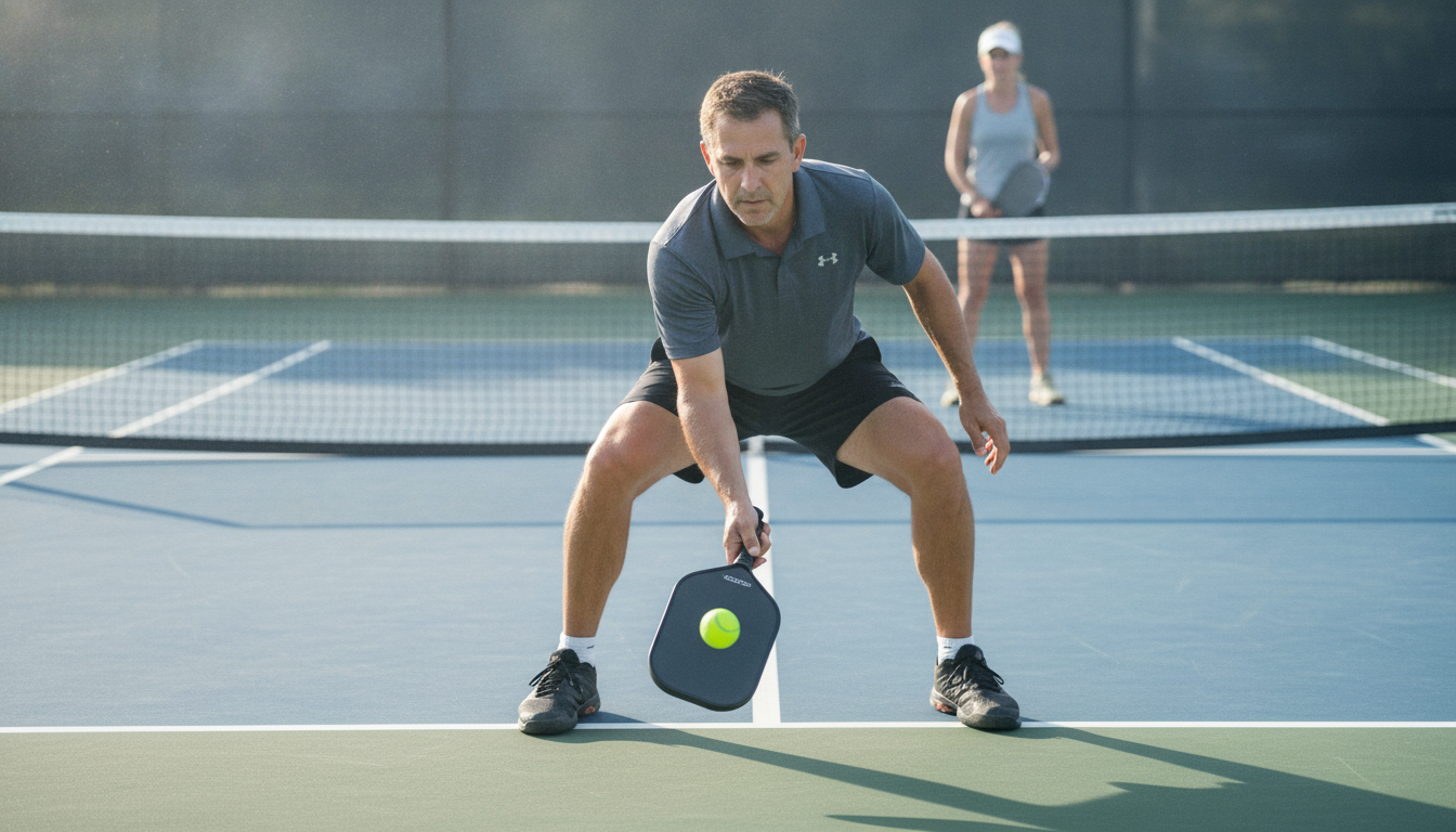 Pickleball player at NVZ line practicing third shot drop during deliberate tournament prep training session
