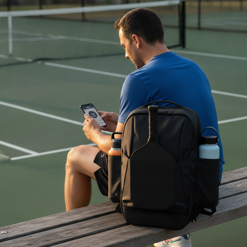 Pickleball player checking DUPR rating on smartphone at courtside