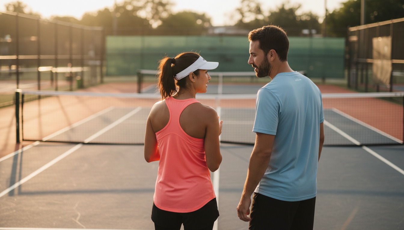 Two pickleball doubles partners discussing strategy at the baseline between points, golden hour light on an outdoor court