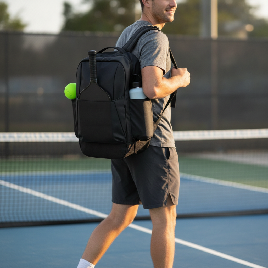 Player carrying a black pickleball backpack over one shoulder walking toward an outdoor court