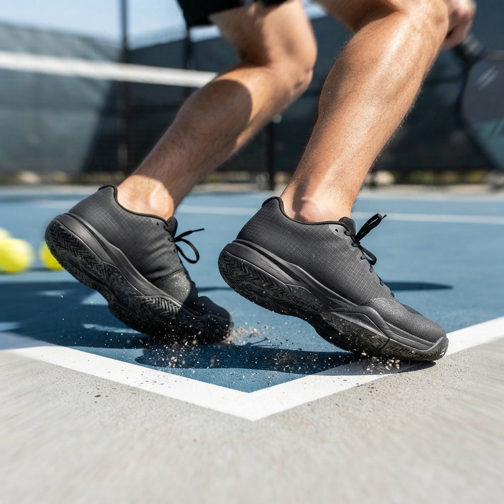 Player at kitchen line using a control paddle for a precise dink shot in outdoor pickleball