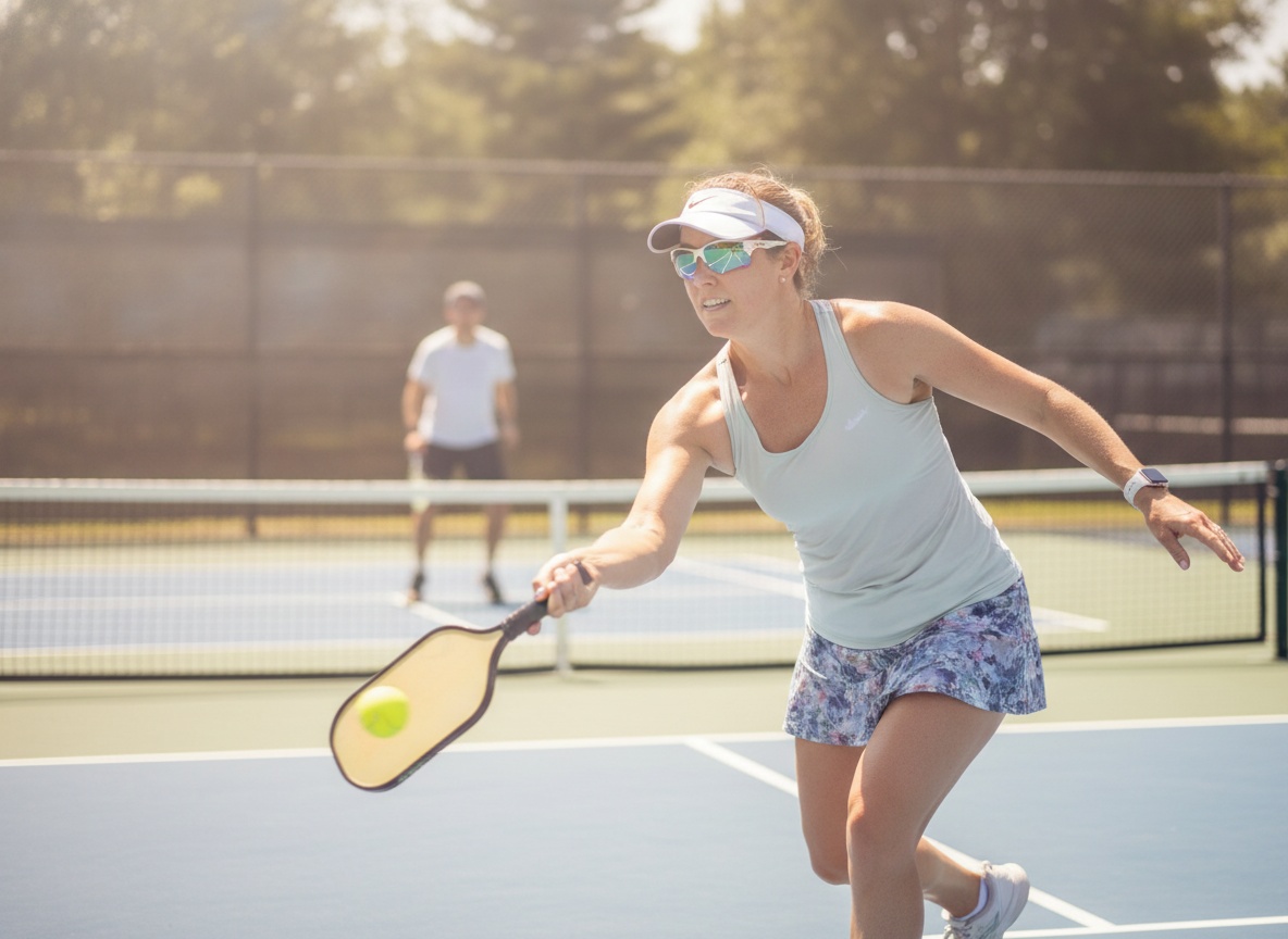 Pickleball player wearing sport sunglasses in action on outdoor hard court