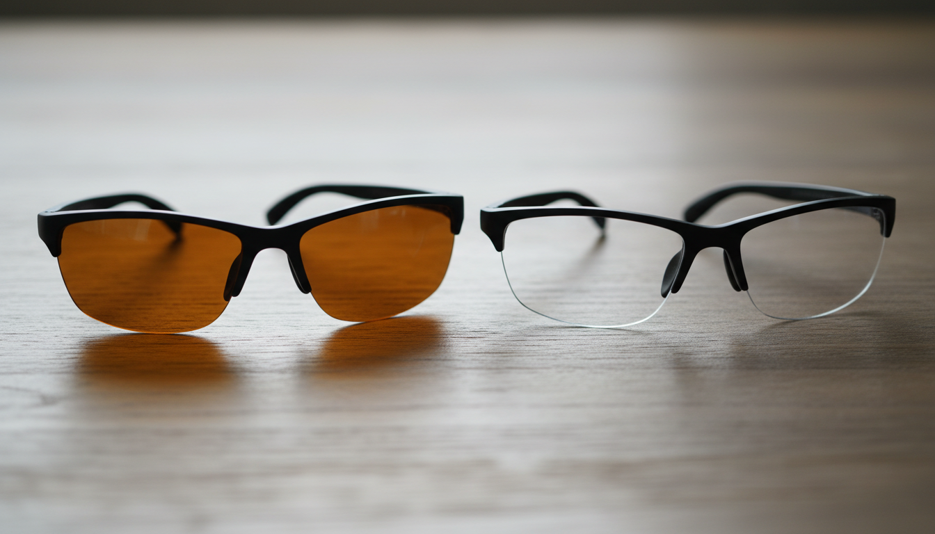 Two pairs of pickleball glasses side by side showing different lens tints — amber and photochromic clear