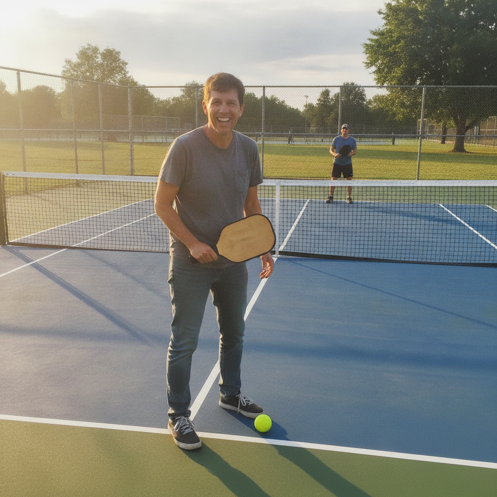 Beginner pickleball player holding a paddle on an outdoor court, smiling, casual clothing, authentic first session energy