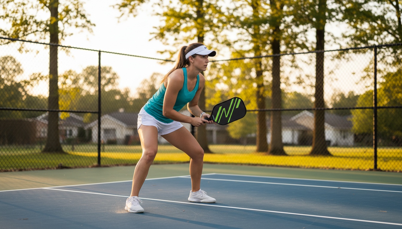Pickleball player at the kitchen line with elongated paddle on outdoor hard court during afternoon play