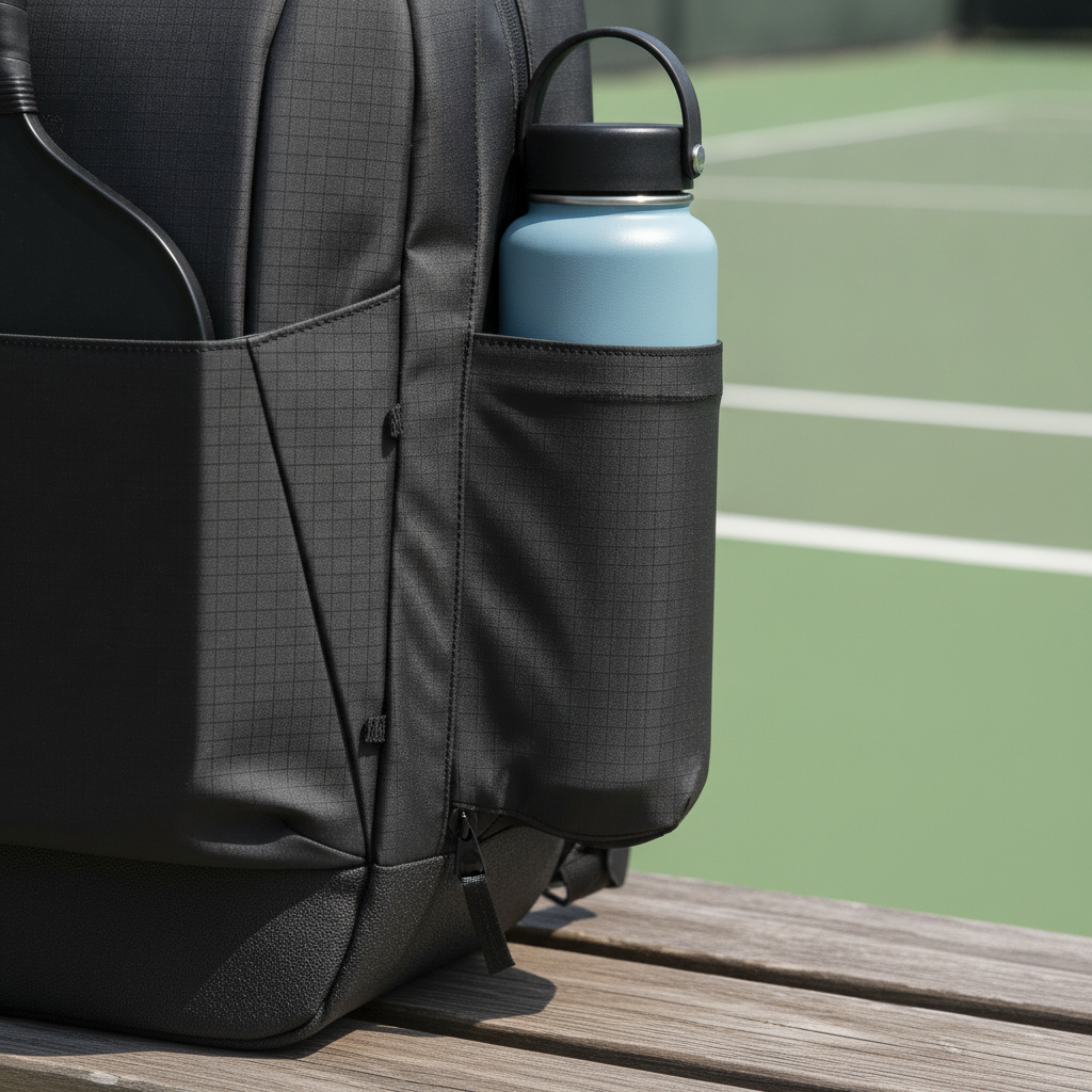 Court Caddy Pickleball Bag side water bottle pocket with 24oz bottle inserted, outdoor pickleball court in background