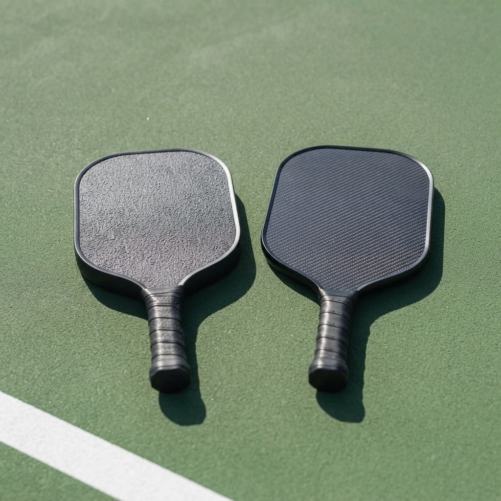 Two pickleball paddles side by side on a court surface — one power paddle and one control paddle compared